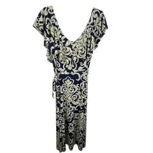 Navy Blue Cream Scoop Neck Ruffled Neckline Belted Stretchy Maxi Dress Size L